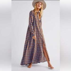 Free People Blue and Brown Geometric Maxi Shirt Dress